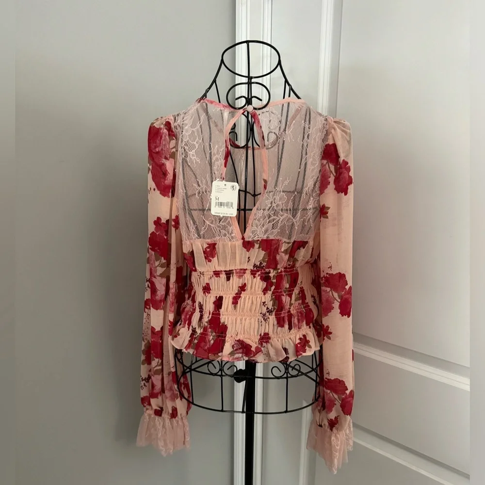 NWT Free People Daphne Romantic Floral Lace Smocked Long Sleeve Blouse Medium ❤️